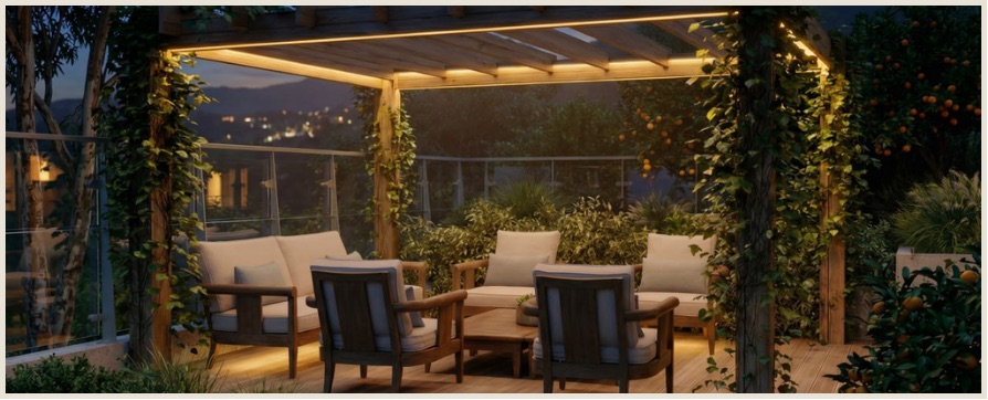 Rooftop pergola lounge at night