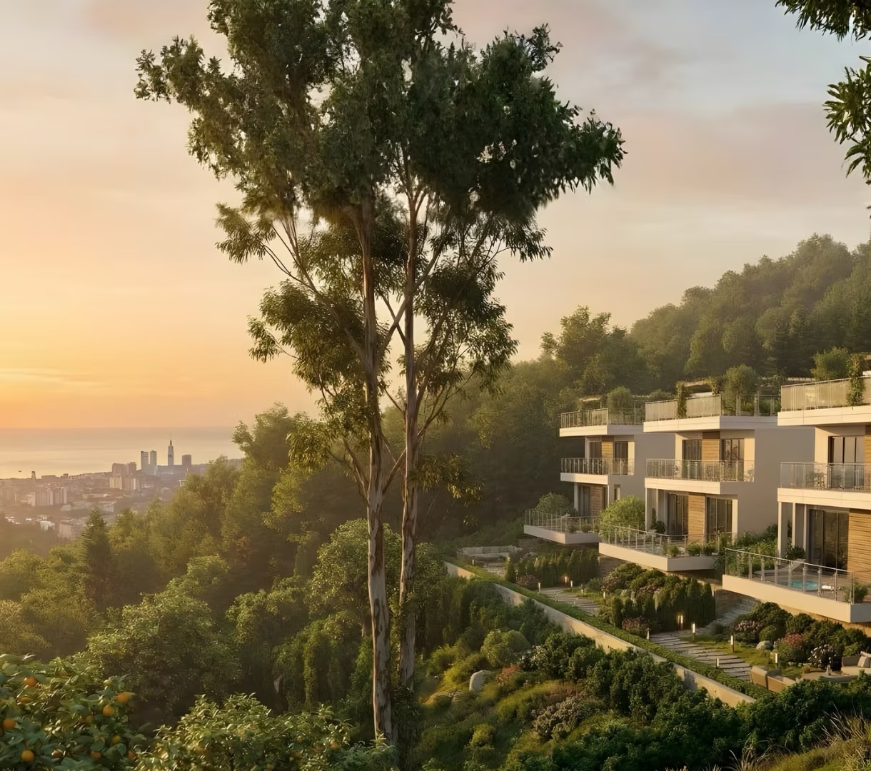 Hillside villas above Batumi at sunset, overlooking the sea